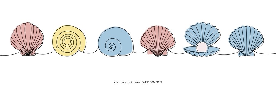 Set of sea shells. Sea shells, mollusks, scallop, pearls. Tropical underwater shells continuous one line illustration. Vector minimalist illustration.