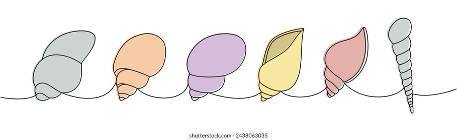 Conjunto de conchas de mar. Conchas de mar, moluscos, vieiras, perlas. Ilustración continua de una línea de conchas submarinas tropicales. Vector ilustración minimalista.