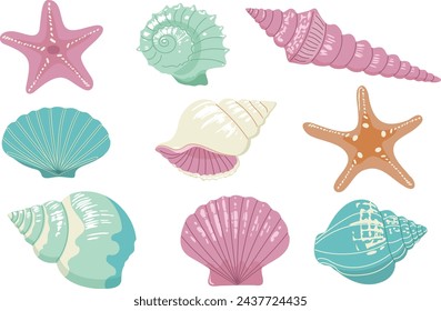 Conjunto de conchas, moluscos, estrellas de mar. Hermosas conchas de colores de diferentes formas. Ilustración de vector plana de moda aislada en blanco para pegatinas. Colores rosa y turquesa.