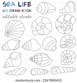 Set of sea shells. Original coloring pages of the underwater world. Black and white graphics for creativity of children and adults.
