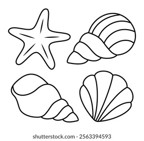 Set of sea shells. Outline Doodle illustration for colouring pages. Editable Stroke. Ocean and sea. Sketches of various mollusks sea shells in different shapes.