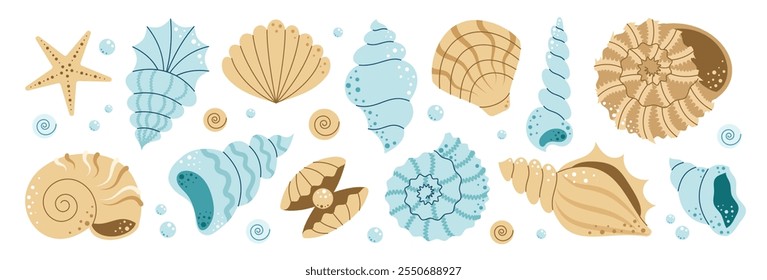 Conjunto de conchas de mar, estrellas de mar, moluscos. Playa submarina tropical. Océano exótico. Ilustración vectorial plana aislada sobre fondo blanco