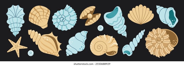 Conjunto de conchas de mar, estrellas de mar, moluscos. Playa submarina tropical. Océano exótico. Ilustración vectorial plana