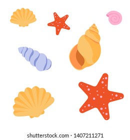 Conjunto de conchas do mar e estrelas do mar em fundo branco. Ilustração vetorial plana.