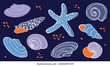 Set of  sea shells and starfish. Vector elements on a dark background.