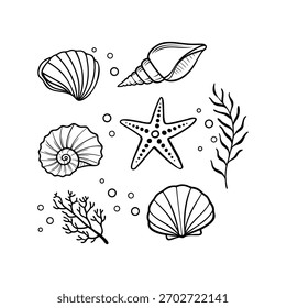 Conjunto de conchas de mar, caracola, tentáculo, estrellas de mar, corales icono dibujado a mano, Vector
