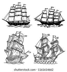 Set of sea ship illustrations isolated on white background. Design element for poster, t shirt, card, emblem, sign, badge, logo. Vector image