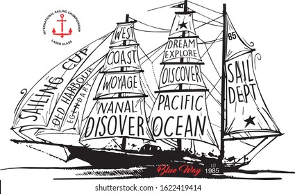 Set of sea ship illustrations isolated on white background and anchor logo . Design element for poster, t shirt, card, emblem, sign, badge, logo. Vector image