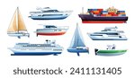 Set of sea ships and boats. Sailboat, speedboat, yacht and cargo ship collection. Vector illustration isolated on white background