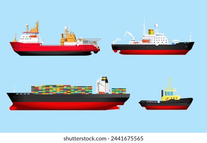 Set of sea ships. Icebreakers, container ship and tugboat on blue background. Vector illustration