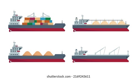 Conjunto de barcos de mar. Entrega de embarcaciones y barcos marítimos. Gas, petrolero y buque de carga. Transporte o logística de mercancías marítimas. Ilustración vectorial aislada en fondo blanco.