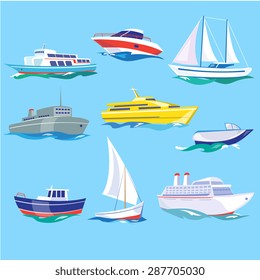 Set of sea ships. Water carriage and maritime transport in flat design style. Side view vector illustration.