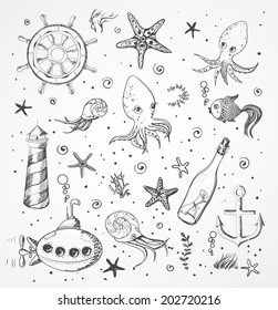 Set of sea sketch objects. Vector illustration.