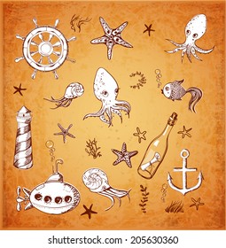 Set of sea sketch objects. Vector illustration.