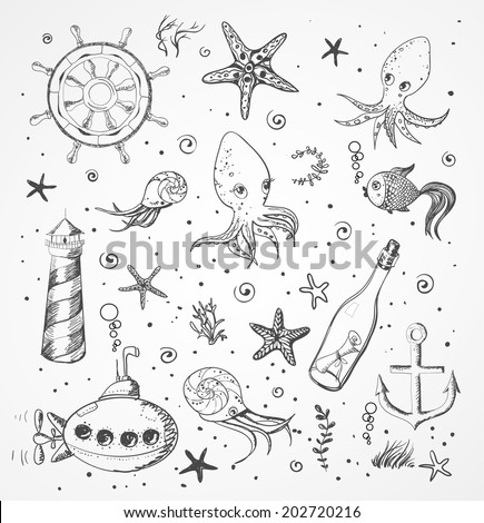 Set of sea sketch objects. Vector illustration.