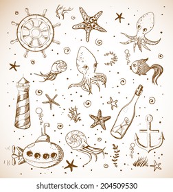Set of sea sketch objects in vintage style. Vector illustration.