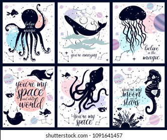 Set of sea space illustration poster. Sea animals and space background with stars and planet. Inspiration quotes. Editable vector illustration