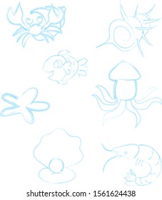 Set of the sea with star fish, crap, octopus, fish, perl and shrimp