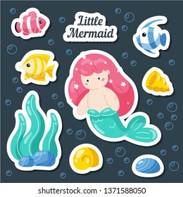 Set sea stickers. Cute Mermaid, fish, shells, coral reef. Cartoon patches, badges pins prints for kids