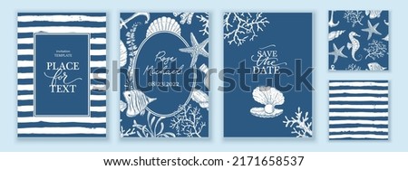 Set of sea style cards and  seamless patterns. Underwater creatures, starfish, sea  horse, coral, fish. Marine, nautical endless wallpaper, background. Endless stripes.  Hand drawn style.