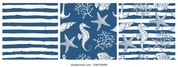 Set of sea style seamless patterns. Underwater creatures, starfish, sea  horse, coral, fish. marine, nautical endless wallpaper, background. Endless stripes.  Hand drawn style.