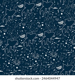 Set of sea style seamless patterns. Underwater creatures, starfish, sea  horse, coral, fish. marine, nautical endless wallpaper, background. Endless stripes.  Hand drawn style.
