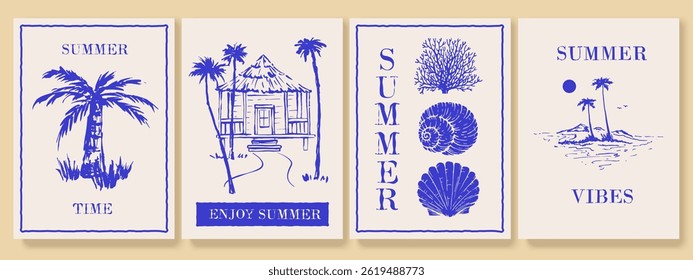 Set of sea, summer, island style objects, design elements. Underwater creatures, starfish, sea  horse, coral, fish. Hand drawn style. Palms, bungalow. 