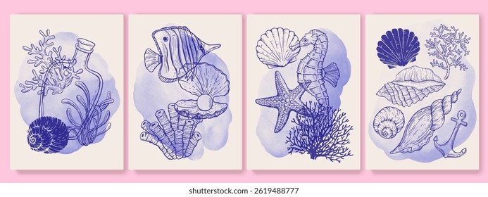 Set of sea, summer, island style objects, design elements. Underwater creatures, starfish, sea  horse, coral, fish. Hand drawn style. Palms, bungalow. 