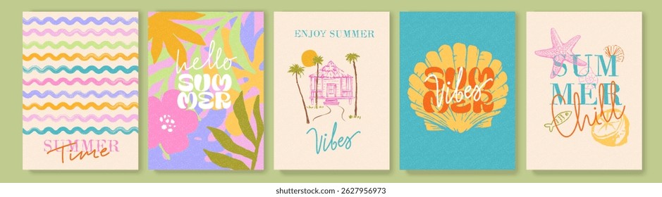 Set of sea, summer, island style objects, cards, covers. Summer vibes phrases, lettering. Hand drawn style. 