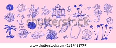 Set of sea, summer, island style objects, design elements. Underwater creatures, starfish, sea  horse, coral, fish. Hand drawn style. Palms, bungalow. 