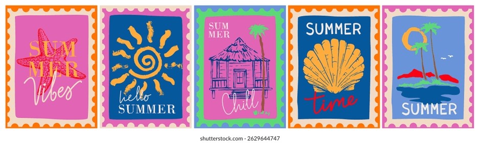 Set of sea, summer postage stamps. Hand drawn, paper cut, collage style. Sea, sun, boat, palm trees, waves, ocean. Design for card, sticker, cover, poster. Vacation, paradise, travel concept.