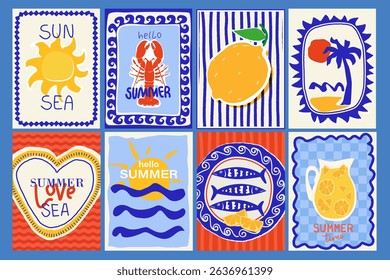 Set of sea, summer postage stamps, cards, posters. Hand drawn, paper cut, collage style. Sea, sun, palm trees, waves, ocean, lemons, sardines, lemonade. Mediterranean mood.