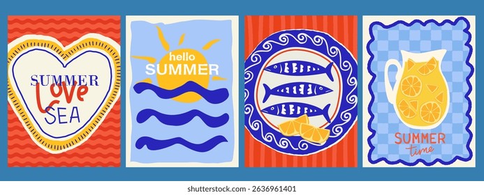 Set of sea, summer postage stamps, cards, posters. Hand drawn, paper cut, collage style. Sea, sun, palm trees, waves, ocean, lemons, sardines, lemonade. Mediterranean mood.