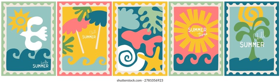 Set of sea, summer postage stamps. Hand drawn, paper cut, collage style. Sea, sun, bird, palm trees, waves, seashells. Design for card, sticker, cover, poster. Vacation, paradise, travel concept.