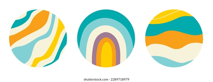 Set von Meeressommer runden Hintergründen für Social Media-Geschichte. Meeressandküste, Wellen, Regenbogen. Abstrakte Sommervorlage hebt Geschichten hervor. Vektorgrafik