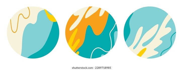 Set of sea summer round backgrounds for social media. Story icons with sea sandy shore, waves, corals in the water. Vector illustration