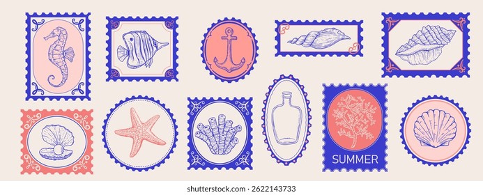 Set of sea, summer style postage stamps. Underwater creatures, starfish, sea  horse, coral, fish. Hand drawn style.