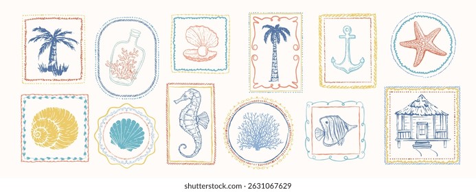 Set of sea, summer style postage stamps. Underwater creatures, starfish, sea  horse, coral, fish. Palm trees. Hand drawn style.
