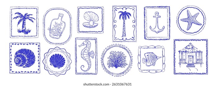 Set of sea, summer style postage stamps. Underwater creatures, starfish, sea  horse, coral, fish. Palm trees. Hand drawn style.