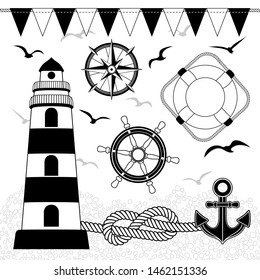 Set sea symbols: lighthouse, anchor, steering wheel, rope, lifebuoy, compass, knot. Nautical naval. Vector illustration marine elements isolated on white background. Web icons. Black line. Coloring.