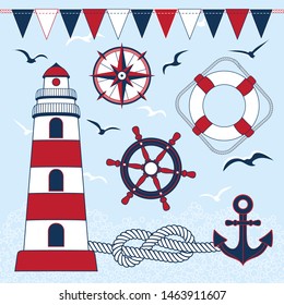 Set sea symbols: lighthouse, anchor, steering wheel, rope, lifebuoy, compass, knot. Nautical naval. Vector illustration marine elements isolated on white background. Web icons. Black line. Color.