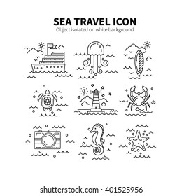 Set Sea symbols made in trendy line style vector. Summer adventure emblem. Nautical design elements isolated on background. Clean and minimalistic design symbols. Ocean concept.