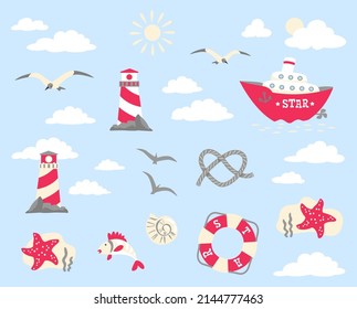 Set with sea symbols. Ship, Seagulls, Lighthouse, Lifebuoy, Starfish, Clouds and Birds. Vector illustration