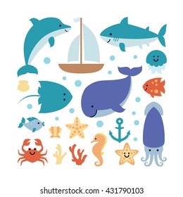 Set of sea theme isolated on white background. Image of cute animals dolphin, shark, whale, fish, crab, seahorse, starfish, jellyfish, squid, crampfish, seashell, coral, boat, anchor. Vector.