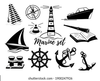 A set of sea theme items. Vector, isolated on a white background.