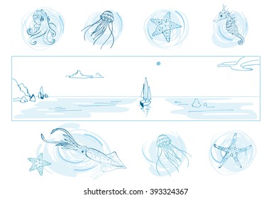 Set of sea theme for your design: octopus, jellyfish, starfish, seahorse, squid, sea landscape with sailboat/Hand drawn the inhabitants of the underwater world and waterscape