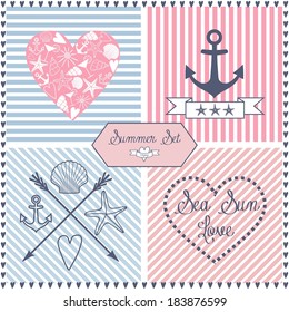 Set of sea themed objects: anchor, hearts, shells, sea star, stripes and ribbon. Summer vector design on nice backgrounds. icons set.