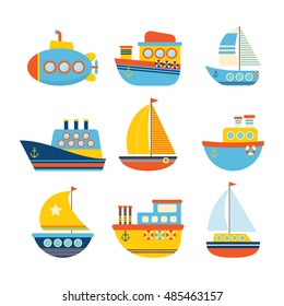 Set of sea transport. Different kind of boats. Fishing boats, yachts and sailboats. Vector illustration