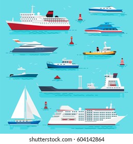 Set of sea transport flat style on blue water background. Vector illustration of cruise liner, passenger boat, powerful speedboats, boat with red life ring, yellow submarine, blue yacht and red buoys.