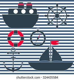 set of sea transport on striped background vector